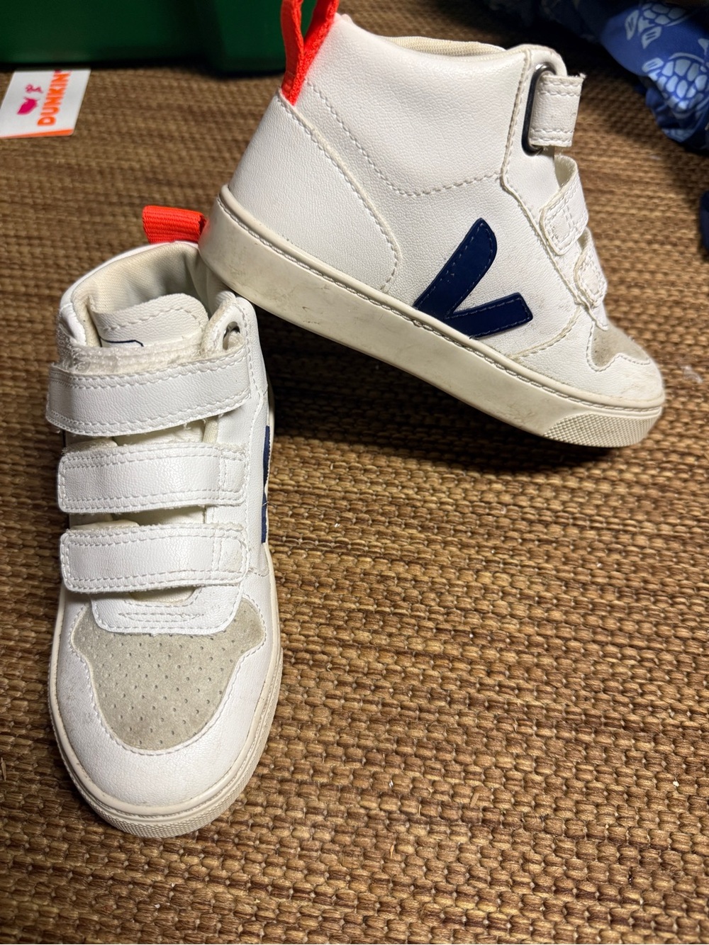 Veja Kids White High-Top Sneakers with Navy V and Orange Pull Tab